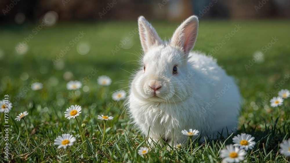 White rabbit in a field of daisies with green grass, nature, wildlife ...