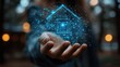 © afif - Woman holds digital house in forest, future home concept