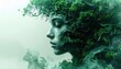 © Juri_Tichonow - Surreal digital art portraying female face blending with green forest forms symbolizing mother nature connection between humanity and earth environmental awareness and organic harmony