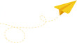 © FATNA - Yellow paper airplane with dotted line trail flat vector illustration for travel freedom and childhood concepts isolated on white background