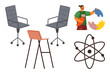 © robu_s - Rotating office chairs, a modern stool, puzzle pieces, and an atomic structure depict themes of teamwork, innovation, education, problem-solving, creativity, science and productivity in a simple