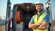© Maryna - Man in safety vest and helmet stands by open van with tools and cables. Electrician ready for job. Pro technician with beard. Male worker poses.