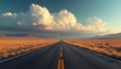© Maryna - Illustration of a long highway stretching into the distance. Road leads to the horizon under dramatic sky with big clouds. Desert landscape background evokes travel.