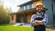 © Maryna - Construction worker smiles wearing hard hat near modern house. Man proudly stands arms crossed in front of new residence, job satisfaction and home ownership.