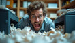 © Maryna - Man yells in office surrounded by crumpled paper from two broken printers. Overwhelmed worker deals with tech problems and stressful workload. Business frustration and deadline chaos.