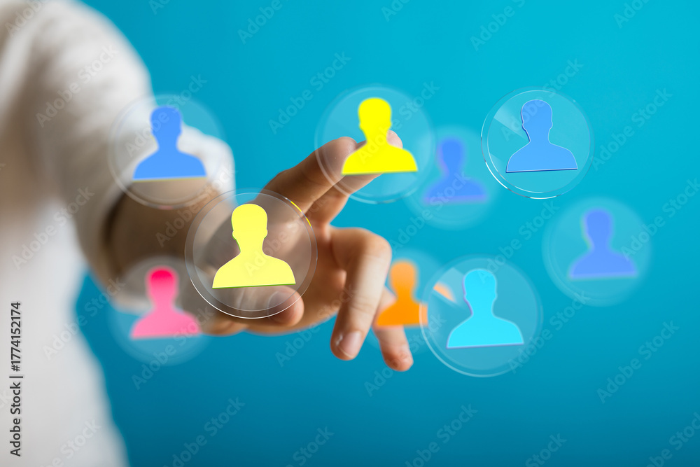 Hand touching digital icons representing people. Concept of social ...