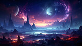 A glowing alien landscape under a swirling, cosmic sky.