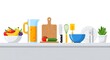© Rafael - Kitchen utensils and fresh food on a counter, flat illustration.