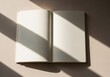 © 2Blurry - Open notebook with blank pages and sunlight shadows on a neutral background