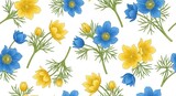 Elegant seamless pattern with blue and yellow anemone flowers on white