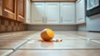© Kittiya - An uncooked chicken egg has fallen and broken on the tiled kitchen floor near the cabinets creating a mess that needs to be cleaned up quickly and efficiently.