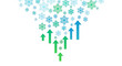 © MADIHA MAYA - Green and blue arrows pointing upwards amidst abstract snowflake patterns symbolizing growth and progress
