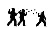 © Cyberpunk - Three cheerful silhouettes of people, possibly children, are actively engaged in a playful winter snowball fight, captured against a clean white background.