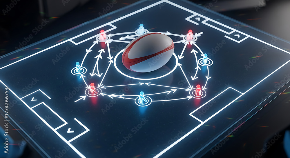Foto de Stock Rugby ball on digital tactical board with player icons ...