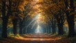 © Graphinix - Experience the magic of autumn with golden sunlight streaming through majestic trees lining a serene path, perfect for nature lovers and seasonal campaigns