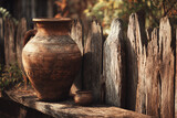 Earthenware Pot by Wooden Fence: A weathered, earthenware pot rests peacefully beside a rustic wooden fence, evoking a sense of history and simple charm. Capture the essence of time-worn beauty.