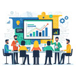 © Bushcraft - Business team in a meeting analyzing a presentation with data charts showing successful growth and innovation.