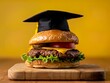 © ECLIVN - Delicious Cheeseburger Adorned with a Graduation Cap, Symbolizing Culinary Achievement, Academic Success, and Milestone Celebration
