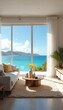 © Vadym - Modern seaside living room offers ocean views. White couch, coffee table with vase, shaggy rug sit before large window showing blue sea and sky. Palm tree visible.