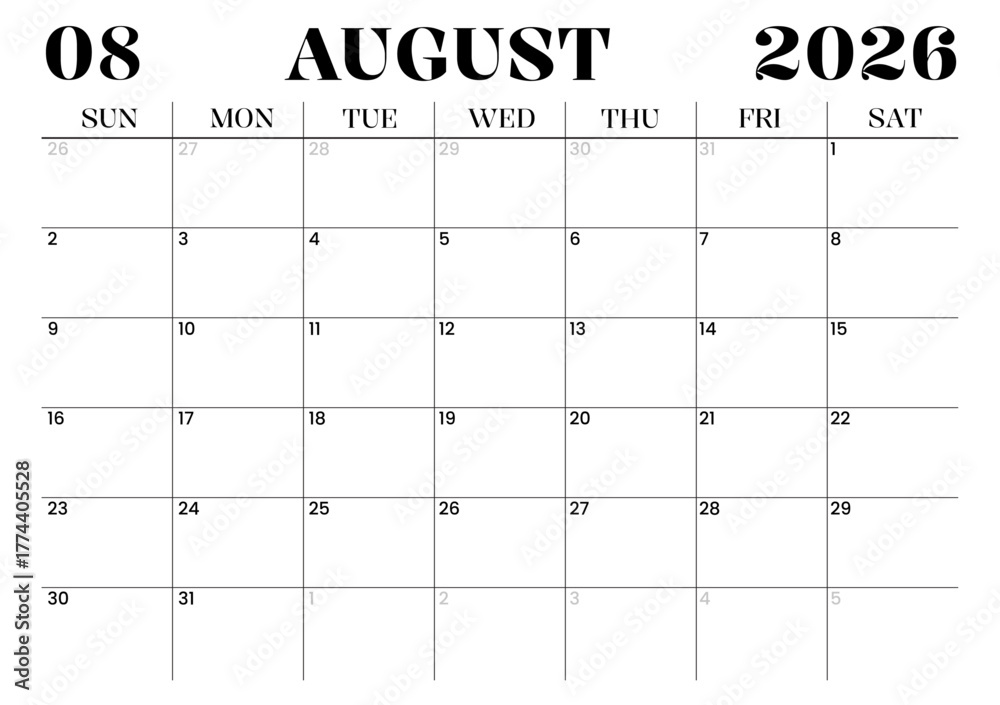 Printable Monthly Calendar Template for August 2026. Minimalist Style ...