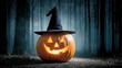 © MKS - The glowing pumpkin jack o lantern, adorned with a witch hat, serves as a fun and whimsical Halloween decoration that evokes cheer