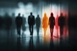 © morepiixel - A blurred scene of figures walking, featuring a striking contrast between shadowy silhouettes and a vibrant, illuminated figure.