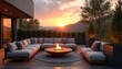 © Vadym - Modern patio with sectional sofa, fire pit offers scenic mountain views at sunset. Cozy outdoor seating area with elegant furniture, plants creates peaceful atmosphere for relaxation, gatherings.