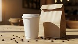 Coffee Cup and Bag To Go Coffee Beans Morning Light Cafe Advertisement