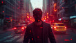 © janzwolinski - A mysterious figure walks through a futuristic city with digital effects