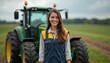 © Vadym - Smiling woman farmer in work clothes stands by green tractor in field. She wears blue yellow vest over shirt. Agriculture and farm life portrait. Rural outdoor scene.