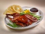 close-up of the crispy Beijing roast duck with smooth cracked and juicy skin	