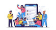 © faizart - A diverse group of young people actively uses smartphones and laptops, connecting through social media platforms and digital communication channels.