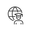 © Matsabe - Graduate with globe, linear icon. Global education and online learning. Line with editable stroke.