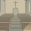 © MC Portfolio - Minimalist church interior with empty pews and cross above central aisle creating peaceful quiet sacred atmosphere for worship prayer contemplation architecture and spiritual reflection