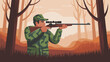 © Zhara - Illustration of a hunter aiming a rifle in a forest during the autumn season with trees.