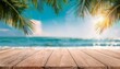© Jeffrey - top of wood table with seascape and palm leaves blur bokeh mild of calm sea and sky at tropical beach background empty equipped for your product show montage generative ai