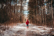 © RooM The Agency - Rear view of a Boy in a puffer jacket standing on a frozen road in a forest, USA