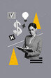 © deagreez - Trend vertical artwork 3d photo collage of minded businesswoman write notepad memo dollar income arrow up checkmark project bulb