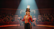 © Daniel L - A smiling, beautiful female ringmaster under a spotlight and circus tent. Top hat and epaulettes. Audience and performers in the background.