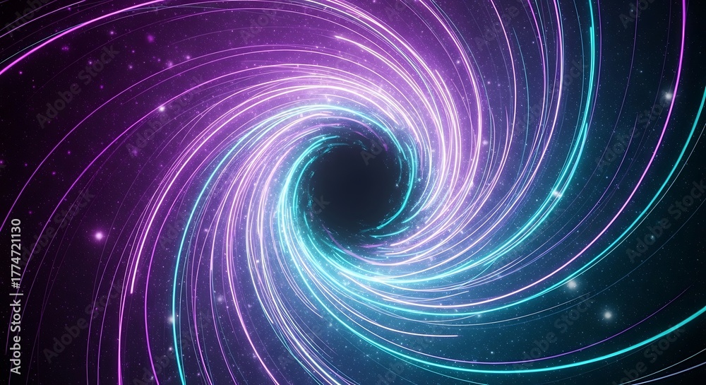 Futuristic swirling vortex of vibrant purple and cyan neon lights spiraling into a dark cosmic abyss, representing a digital wormhole or time travel portal