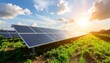 © Caitlyn Studio - A wide-angle view of modern solar panels in a sunny green field during golden hour