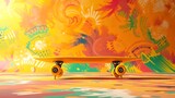ollie. Yellow skateboard on vibrant abstract background, dynamic 3D rendering for extreme sports vibe. event key visuals, club posters, designed for fitness apps and gym onboarding.