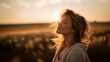 © Adriana - Backlit Portrait of calm running happy smiling free woman with closed eyes enjoys a beautiful moment life on the fields