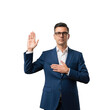 © sujon1638 - Professional man in a dark suit and glasses raises his right hand and places his left hand over his heart isolated on transparent background