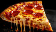 © hardvicore - Melted cheese pizza slice with pepperoni, dripping cheese isolated on black, appetizing snack