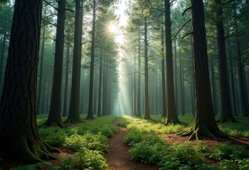  Evergreen Conifer Forest Majestic Surroundings Forest Canopy Sunlight Filtering Through Greenery