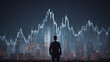 © rafaelnlins - Homem observa cidade iluminada com gráficos financeiros, representando mercado, investimentos, análise estratégica e tomada de decisões em ambiente corporativo competitivo