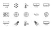 © Hazel - Collection of outline icons representing cooling and air conditioning systems, including split AC units, outdoor condensers, fans, thermometers, snowflakes, and remote controls, perfect for graphic