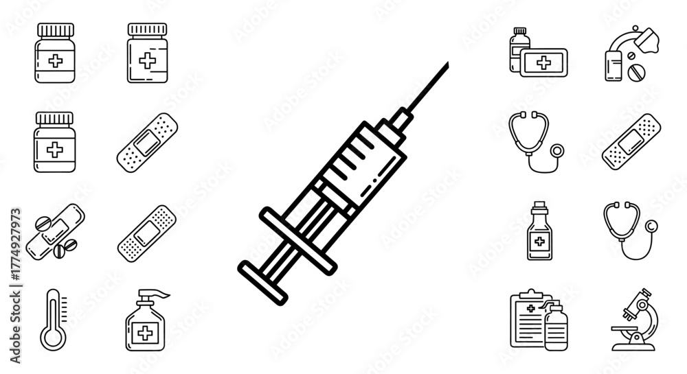 Set of medical icons in outline style, including a syringe, stethoscope, pills, bandages, thermometer, and microscope, perfect for healthcare and science-related designs, apps, and social media