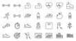 © Ruthel - Set of Fitness Vector Thin Line Icons: Healthy Lifestyle, Weight Training, Body Care, Running, Dumbbells, Heartbeat, Apple, Water Bottle, Scale, Yoga, Calendar, Gym Building, and More. Outline Icons